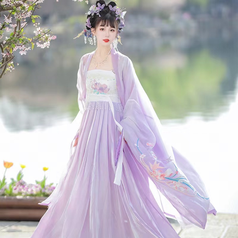 Original Tang Dynasty Hanfu Women's Ancient Costume Big Sleeve Shirt Super Fairy Purple Hezi Skirt R