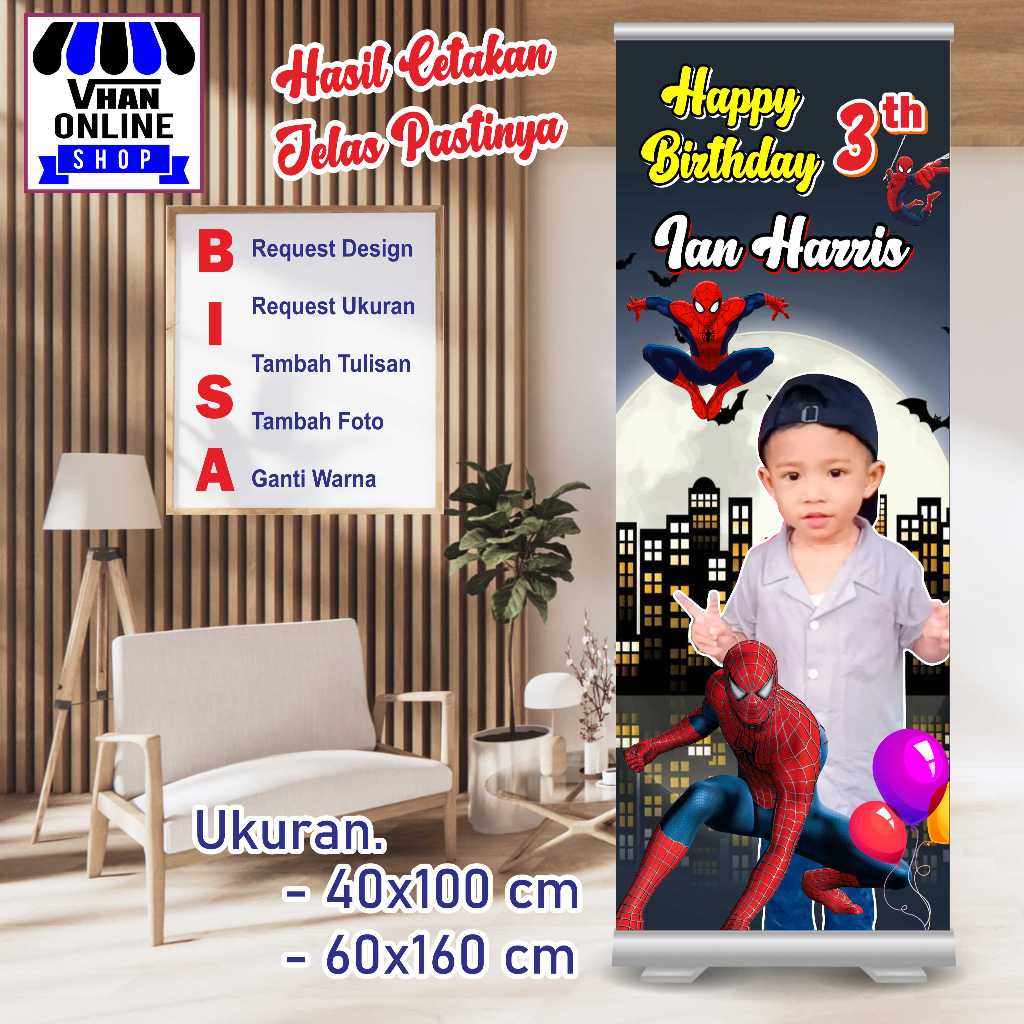Design Banner Spanduk MMT Ulang Tahun Anak Dengan Motif Spiderman