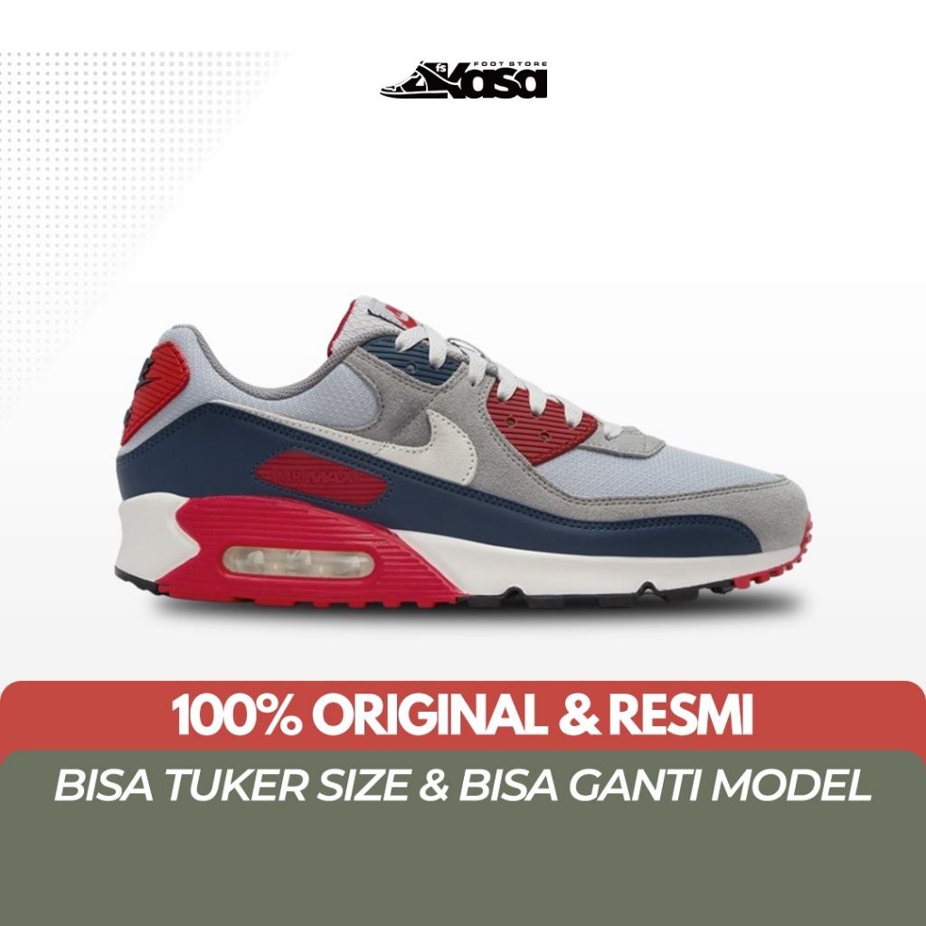 Sepatu Sneakers Pria Nike Air Max 90 USA Light Smoke Grey Armoury Navy Fire Red Phantom
