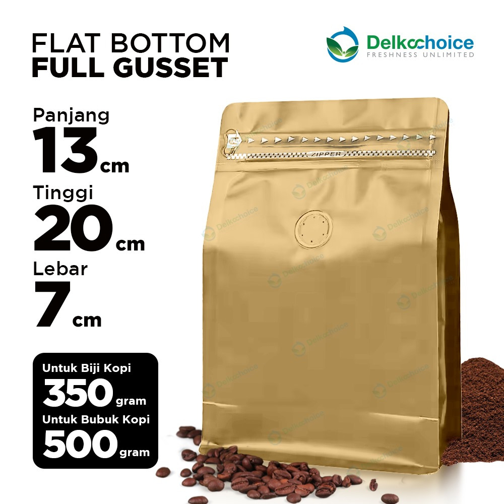 Kemasan Biji Kopi / Bubuk Kopi Standing Pouch Flat Bottom +Valve Gold Kemasan Kopi