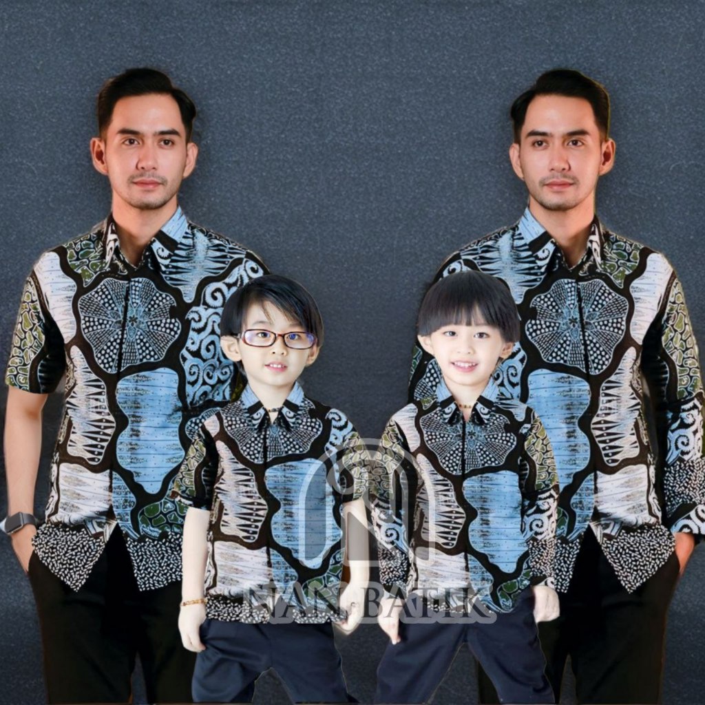 Kemeja Batik Anak Laki-Laki Lengan Panjang Batik Ayah dan Anak Cowok warna Biru Muda Denim