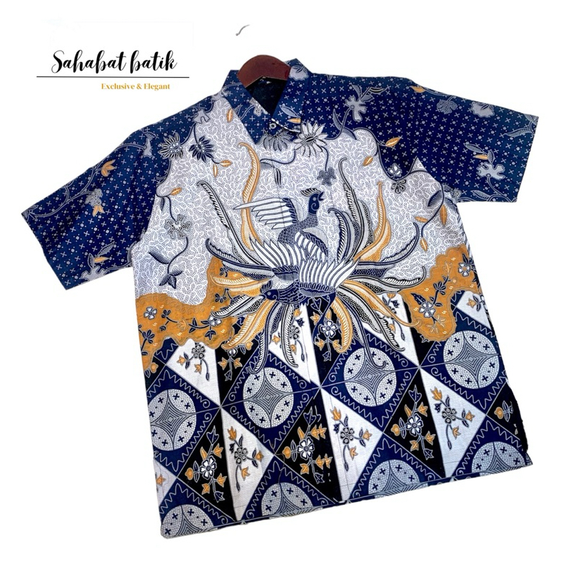 kemeja batik lengan pendek katun motif burung navy