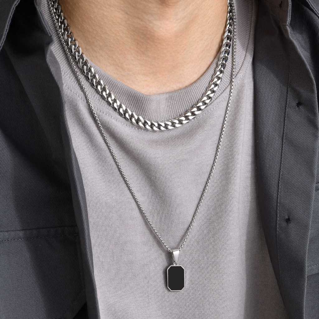 Kalung Titanium Pria Terbaru Dua Layer Anti Karat Dan luntur Liontin Persegi Panjang Enamel Kalung T