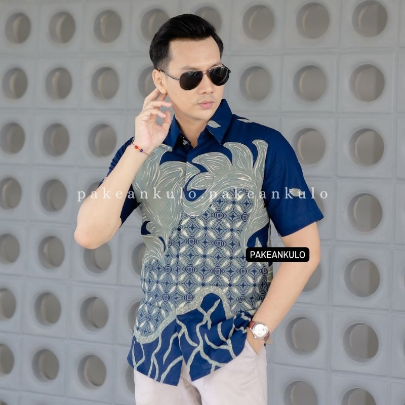 Batik Pria Premium Slimfit Batik Ranjana Navy Silver Lengan Pendek