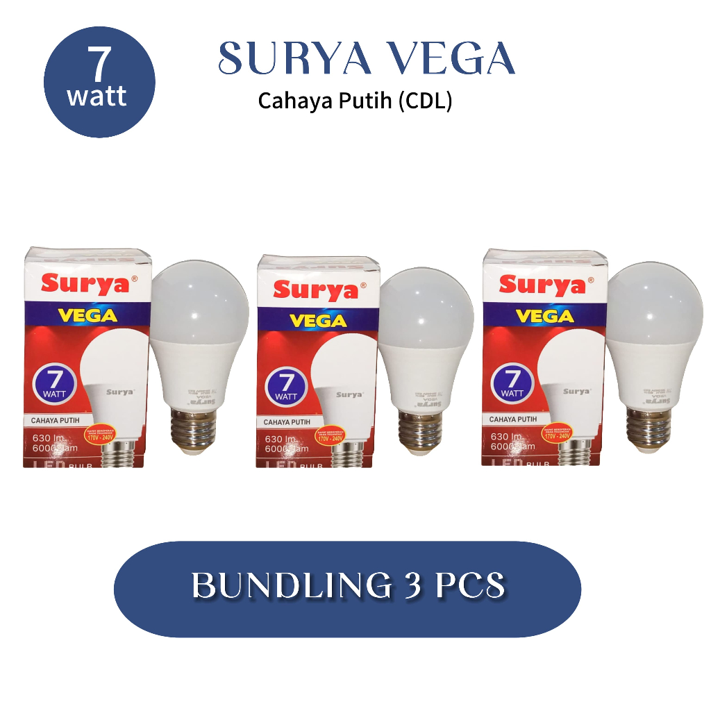 Surya Vega Lampu Bohlam LED 7 Watt Super Terang Hemat Energi Cahaya Lampu Putih PAKET ISI 3Pcs