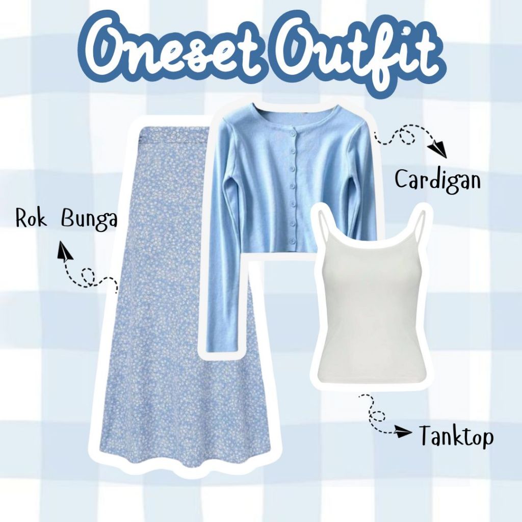 Onese Outfit / One Set Wanita Korean Style / Rok Bunga / Outer / Cardigan / Ootd Hijab / Ootd Wanita