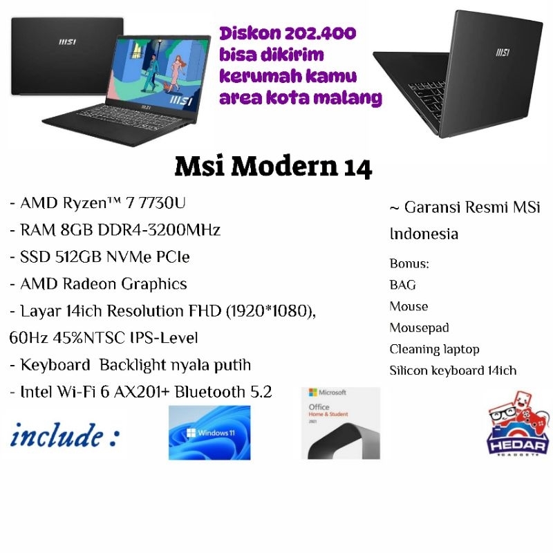 Msi Modern 14 Ryzen 7 7730U RAM 8Gb SSD 512Gb Wifi6 W11 OHS FHD
