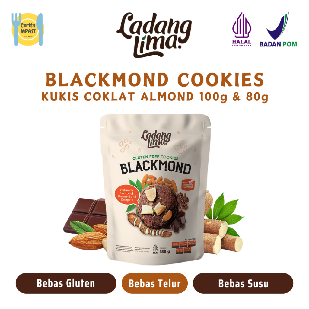 

Ladang Lima Blackmond Cookies Pouch 180gr & 80gr Kukis Coklat Almond Snack Sehat Gluten Free