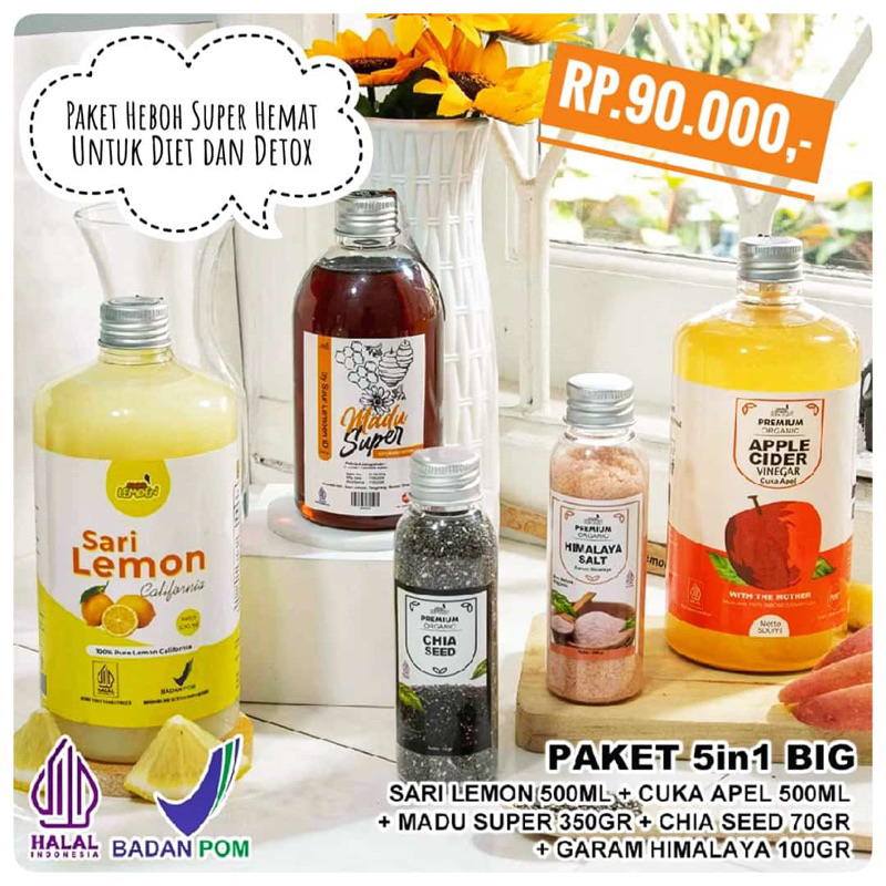 

Paket Diet Detox 5in1 - Paket Hemat Cuka Apel, Sari Lemon, Chia Seed, Madu Hutan, Garam Himalaya