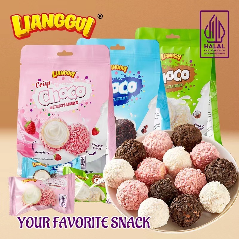 

[ Halal ] Lianggui Crisp Choco Coconut / Strawberry/ Choco & Milk Burstlurry Crispy & Sweet Wafer Bulat Salut Chocolate