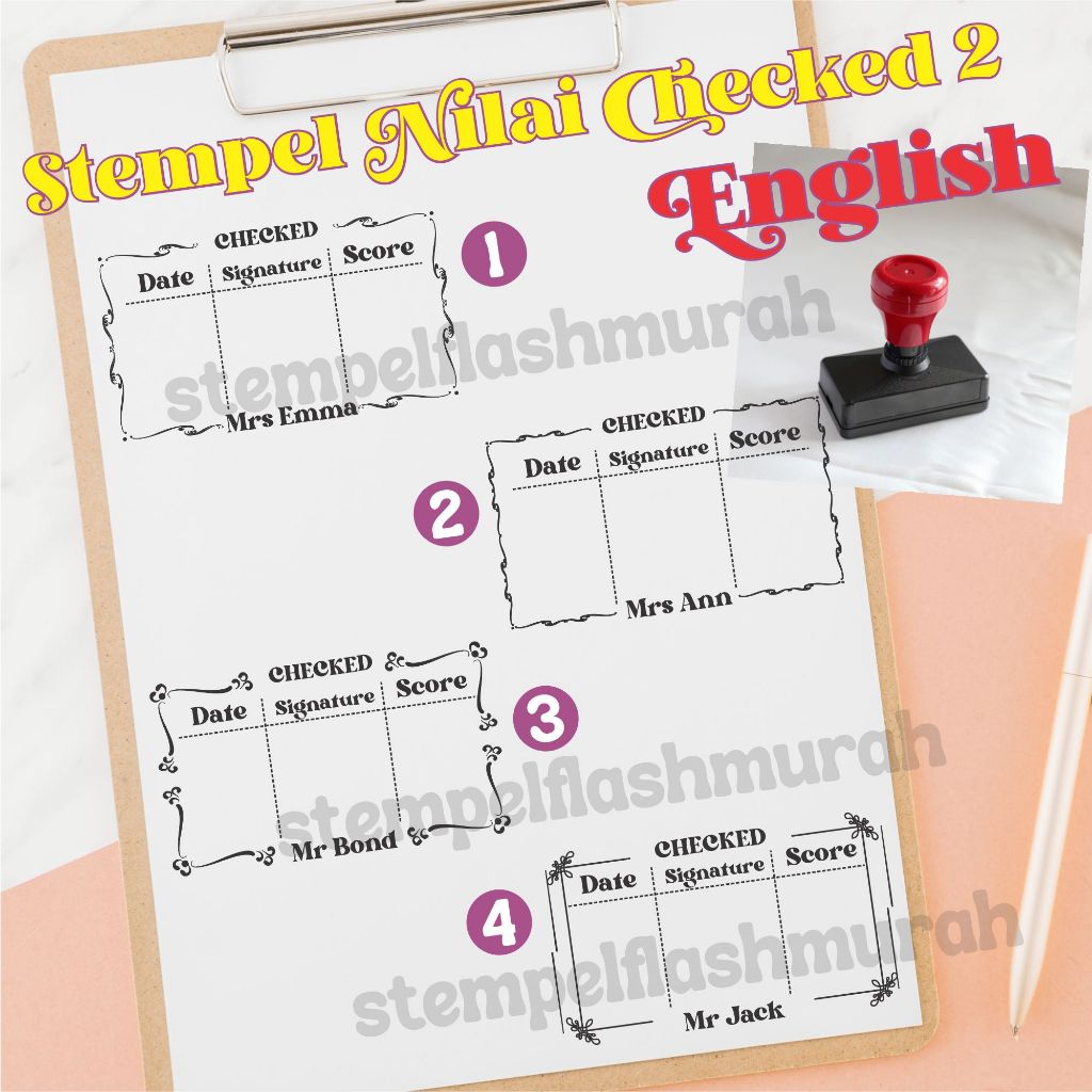 

stempel nilai koreksi guru 2 ENGLISH INGGRIS checked nama tanda tangan sekolah SD SMP SMA penilaian tinta otomatis warna flash stamp stempelflashmurah