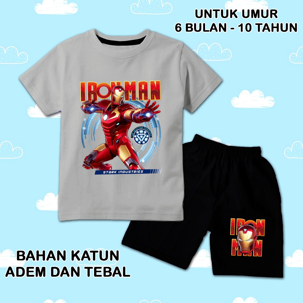 Setelan lengan pendek anak laki laki perempuan set baju kaos pendek anak cowok motif iron man 1 baha