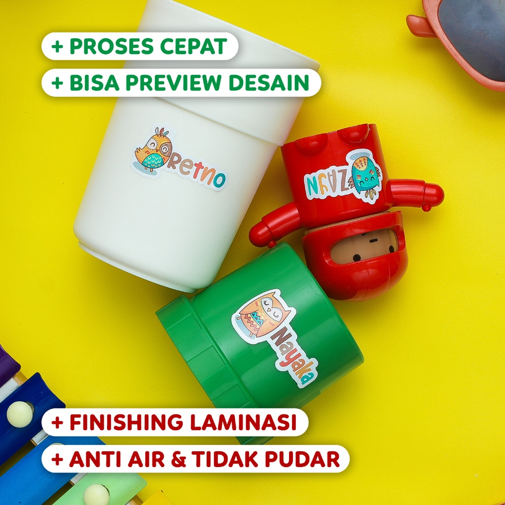 

Stiker Nama Anak Gambar OWL, Bahan Vinyl Laminasi Ukuran 2x5cm