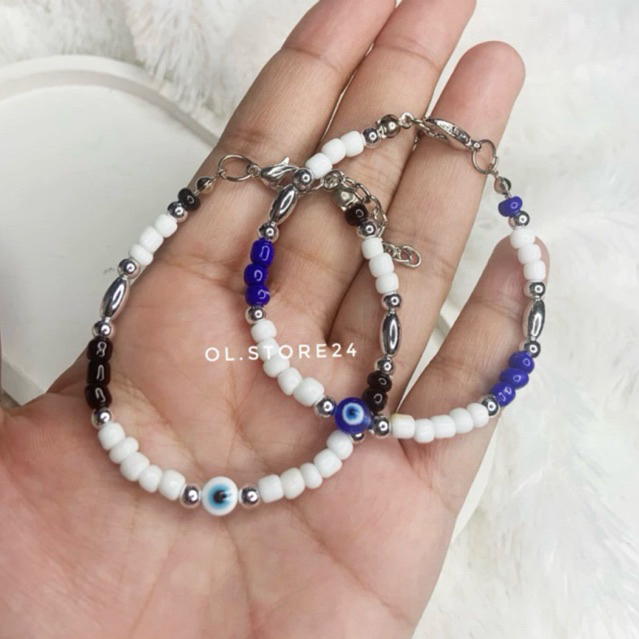 Gelang manik edisi eye evil manik white blue | Gelang pasangan couple titanium | gelang evil eye tur