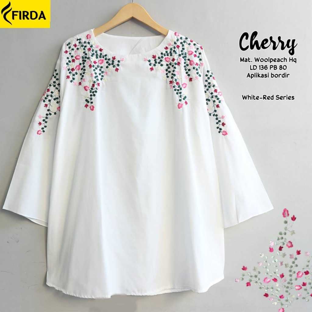 Blouse Putih Jumbo Motif Bordir Bunga Cantik Atasan Wanita Muslimah Lengan Panjang Cherry Blus