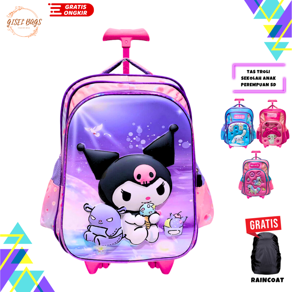 tas koper anak perempuan sekolah sd kelas 1 sampai 6 motif gambar kuromi sanrio timbul 3D waterproof