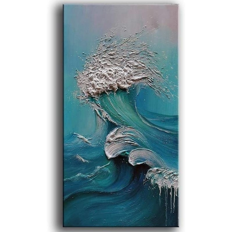 lukisan ombak biru teksture tebal aesthetic dekorasi dinding hiasan dingding modern art