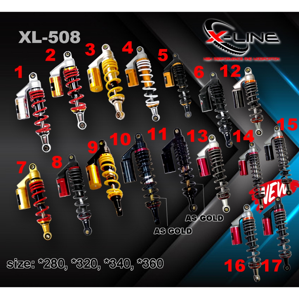 X Line Shok Shock Shockbreaker Belakang Tabung Atas Tipe 508 Ukuran 280L Motor Bebek Original 100%