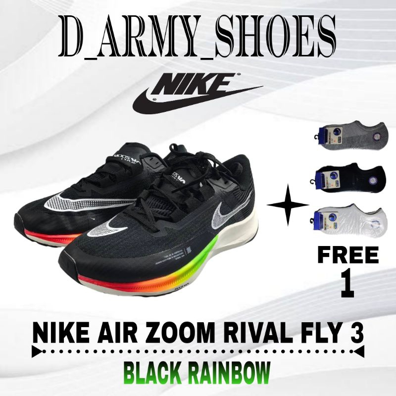 Sepatu Olahraga Running Pria Nike Air Zoom Rival Fly 3 Black Rainbow Free Kaos Kaki