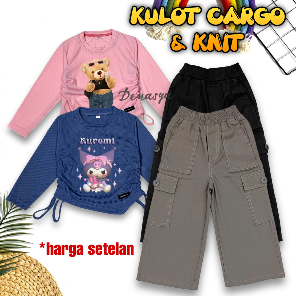 RB Setelan Kekinian Anak Perempuan / Kulot Cargo Katun Anak Terbaru / Baju Knit Sablon 1-12 tahun