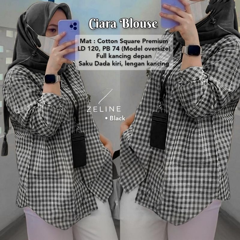 Ciara Blouse Jumbo LD 120 Bahan Katun Square Premium By Zeline-Blouse Katun Motif Kotak Kotak-Kemeja