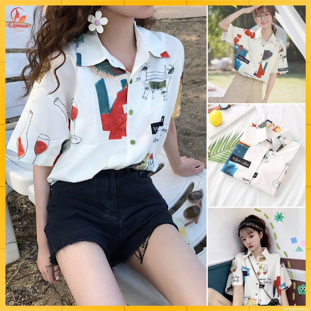 Kemeja Wanita Motif Lengan Pendek Short Sleeve Shirt Style / Atasan Wanita Kemeja Kekinian CF P459