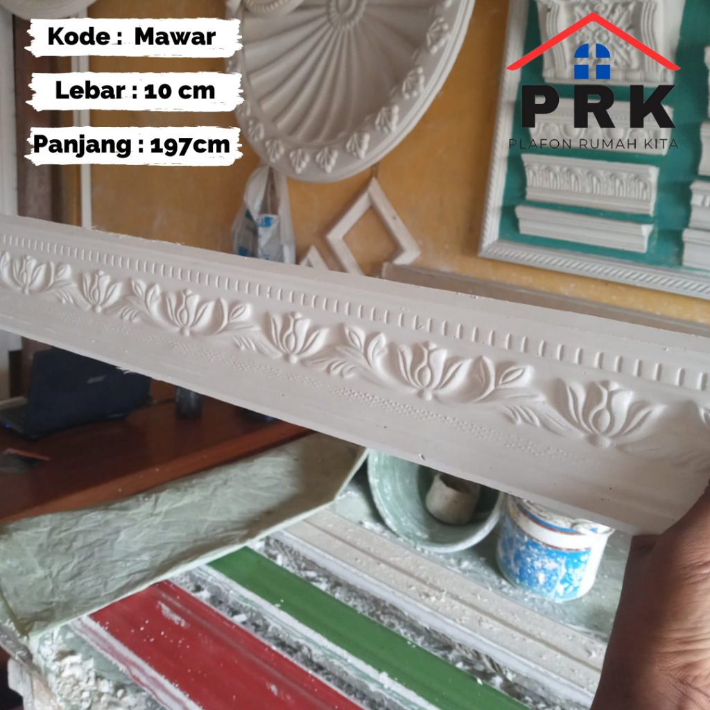 Lis List Gypsum Gipsum Motif Mawar lebar 10cm Plafon ornament dekoratif untuk Interior Plafond hiasa