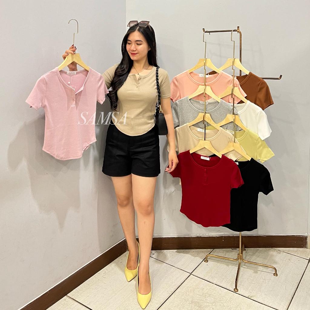 ATASAN KAOS WANITA IMPORT 622 KAOS POLOS KANCING HIDUP PINGGANG OVAL
