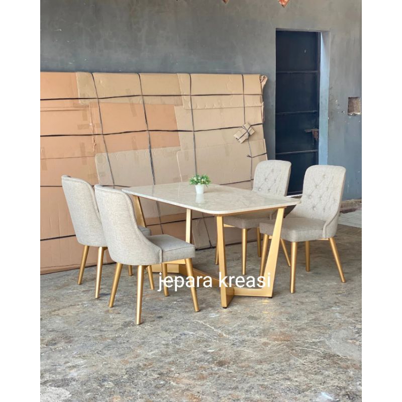meja makan marmer asli 4 kursi minimalis, set meja makan marmer cream 4 kursi minimalis
