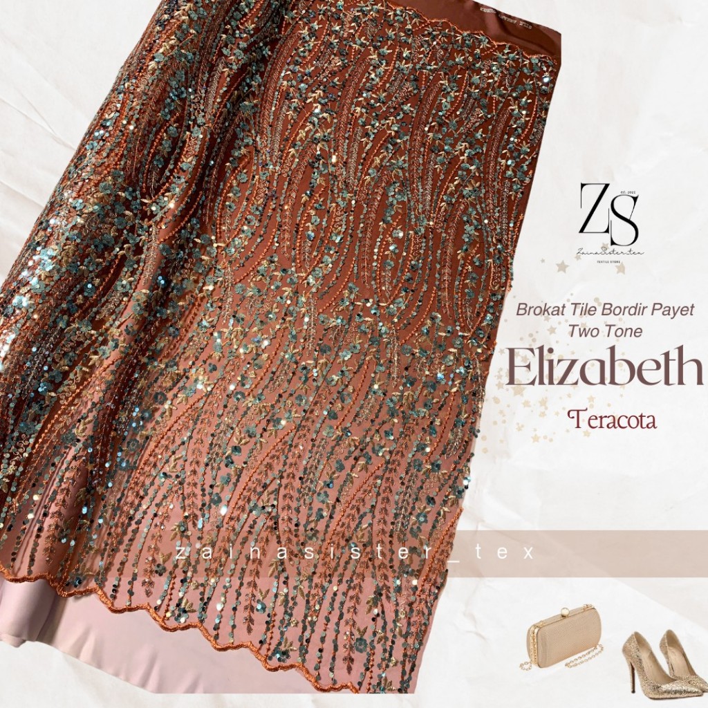 Bahan Kebaya Kain Brokat Tile Bordir Payet Spangle TwoTone Elizabeth Warna Teracota Bata