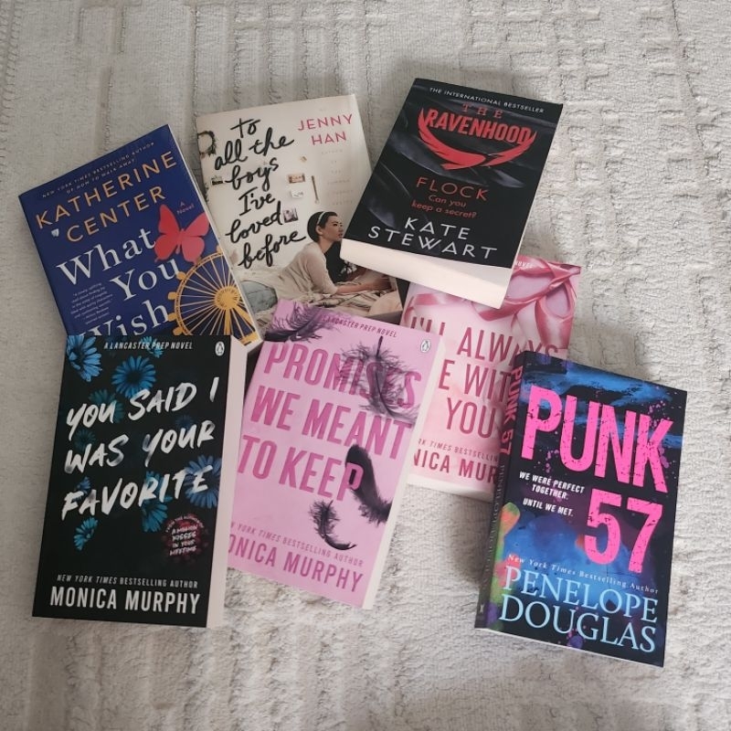 PRELOVED (like new) romance english books (monica murphy, to all the boys, flock, pink 57, what you 