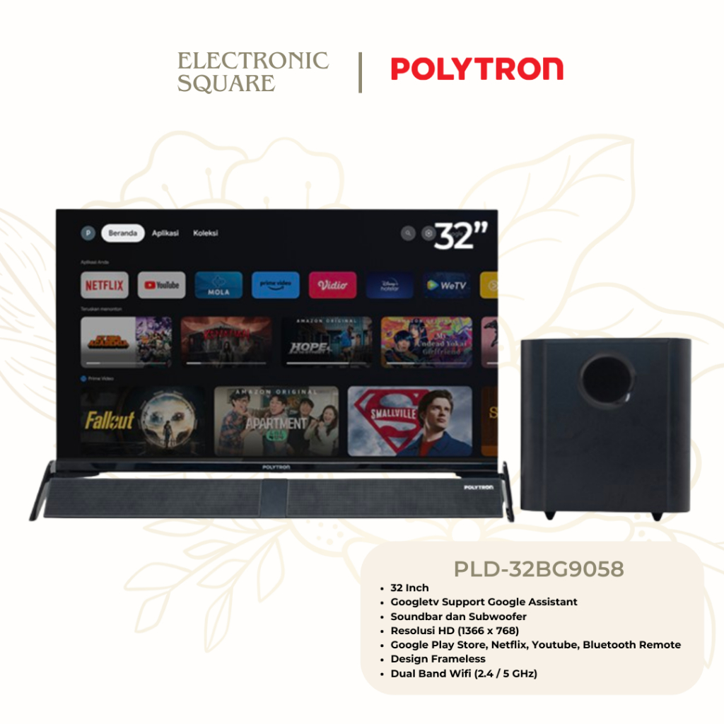 LED TV POLYTRON 32 Inch PLD-32BG9058 HD Google TV With Soundbar and Subwoofer