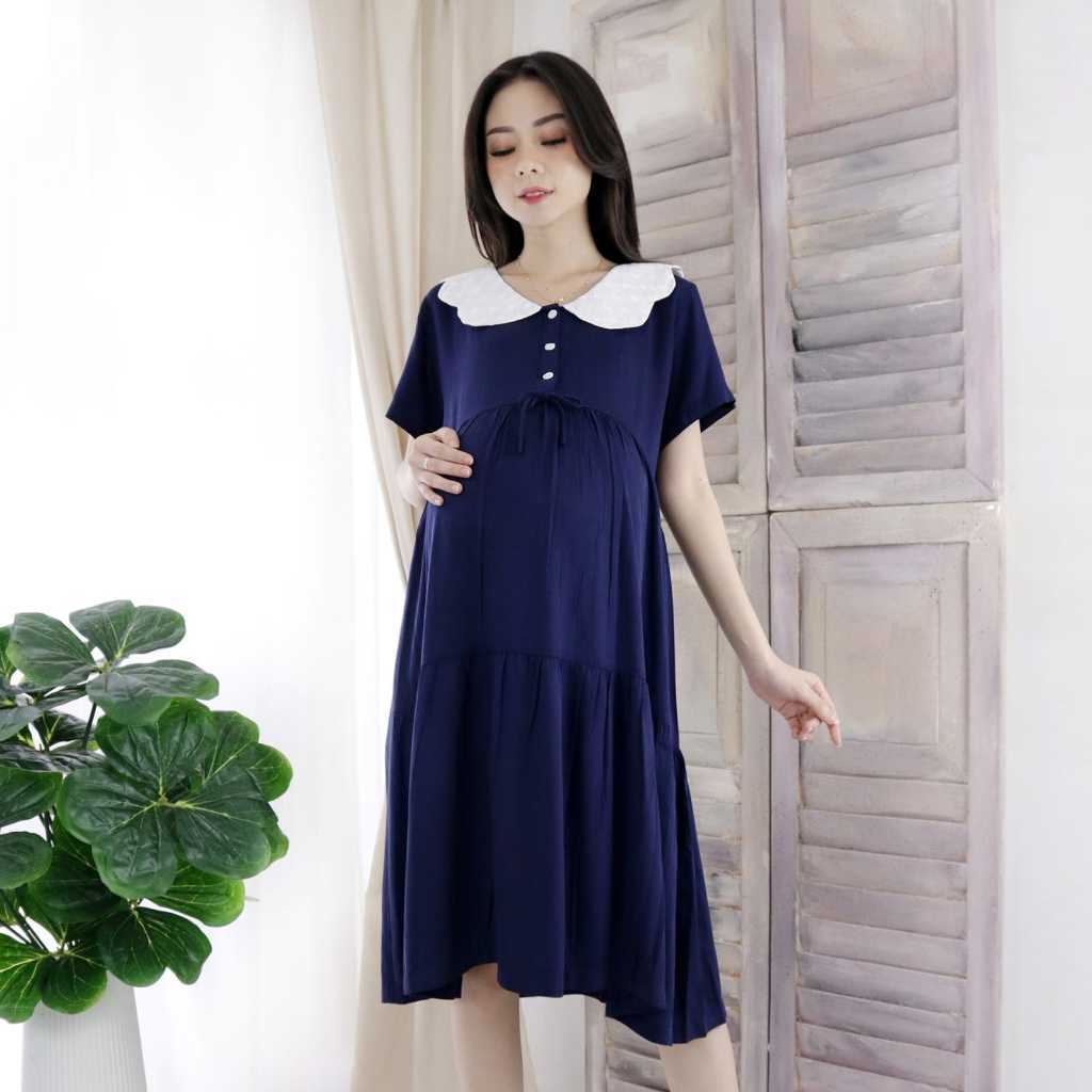 Daster Ibu Hamil Cantik Dress Hamil Midi Rayon Twill Lengan Pendek