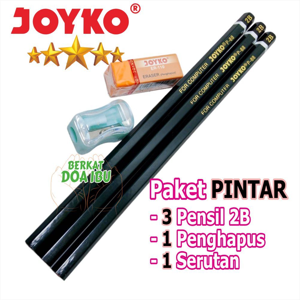 

PAKET PINTAR PENSIL 2B PENSIL JOYKO P-88 2B, 3 PENCIL JOYKO 2B + 1 PENGHAPUS JOYKO + 1 SERUTAN JOYKO