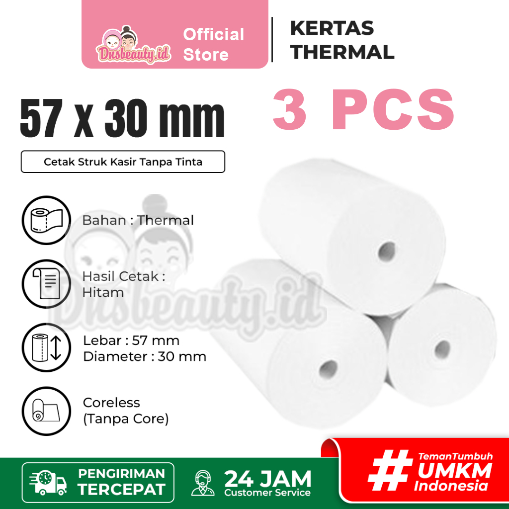 

3 ROLL KERTAS THERMAL STRUK KASIR PAPER TERMAL ROLL 58MM THERMAL PRINTER BLUETOOTH 58X30 57X30