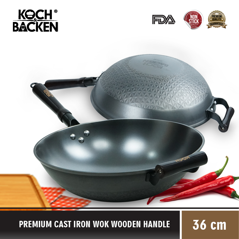 KOCH&BACKEN Premium Cast Iron Wok Round Bottom 36cm + Tutup Kaca - Wajan Penggorengan Besi Cor Anti 