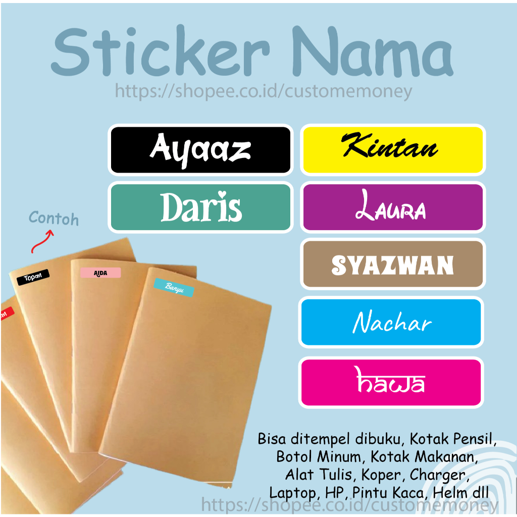 

STICKER LABEL NAMA POLOS LEBEL CUSTOM PREMIUM MURAH LUCU BISA TEMPEL DI BUKU KOTAK PENSIL HELM BOTOL MINUM KOTAK MAKANAN KOPER LAPTOP HP ALAT TULIS PINTU KACA