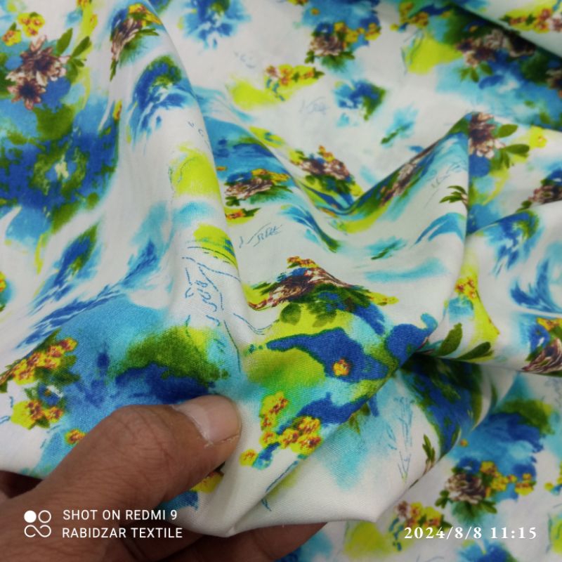 KAIN KATUN POPLINE PREMIUM GARMENT MOTIF ABSTRAK BUNGA BIRU KUNING