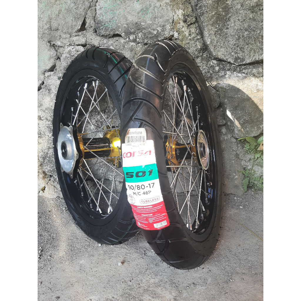 roda supermoto semi cacing kawasaki klx wheelset semi cacaing d-tracker 150 ban corsa baru ring 17