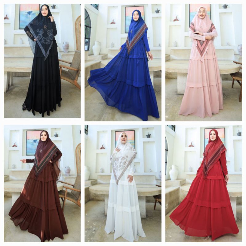 Nadra Series By Gallery Syarifah Original Gamis Syari Ceruty Rempel Polos Set Khimar Ceruti Digital 
