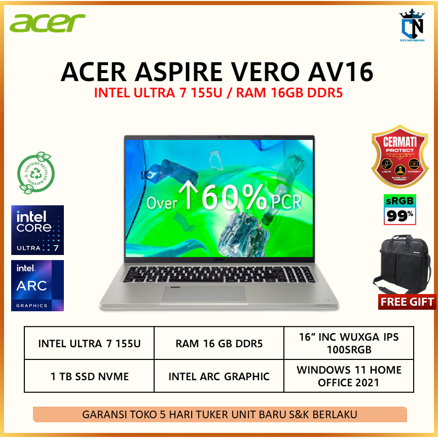 Laptop ACER ASPIRE VERO AV16 EVO ULTRA 7-155U 16GB 1TB W11 OHS 16" WUXGA 100SRGB