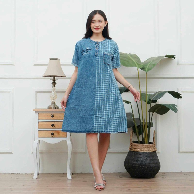 Dress Kancing Depan / Dress Jeans Wanita / Dress Sablon Bordir / Dress Denim / Dress Panjang / Dress