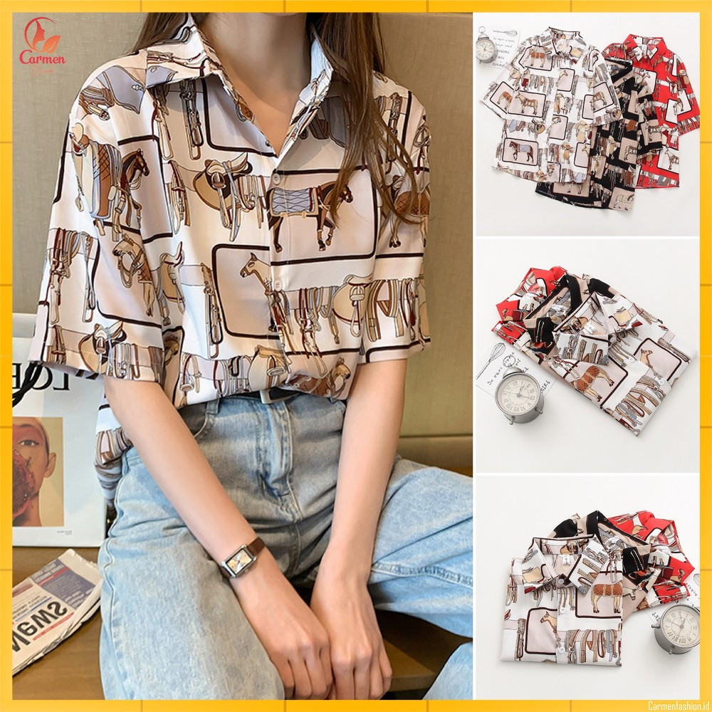 Kemeja Wanita Oversize Lengan Pendek Motif Blouse Style / Baju Wanita Shirt Fashion Street Kemeja Pa