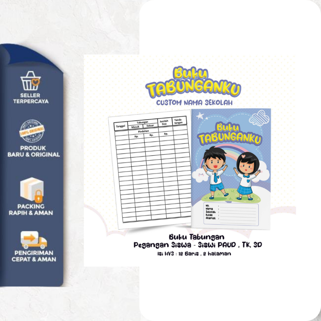 

TMC // Buku Tabungan Custom Nama + Cover & Lembaga Sekolah Berserta Alamat Tabungan Sekolah PAUD , TK , SD Varian Biru Pelangi
