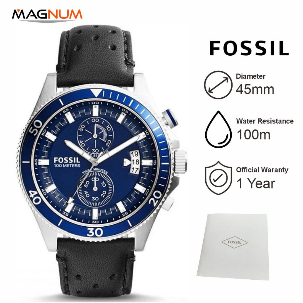 Jam Tangan Pria Fos sil CH2945 Chronograph Blue Dial Black Leather Strap
