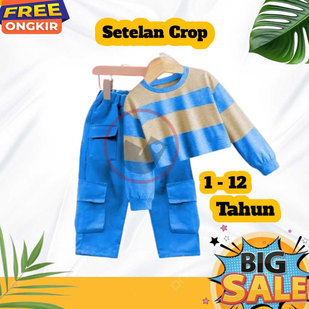 Baju Setelan  Anak Perempuan CropTop Baju Setelan Swieter Kargo Anak Usia 1-12 tahun