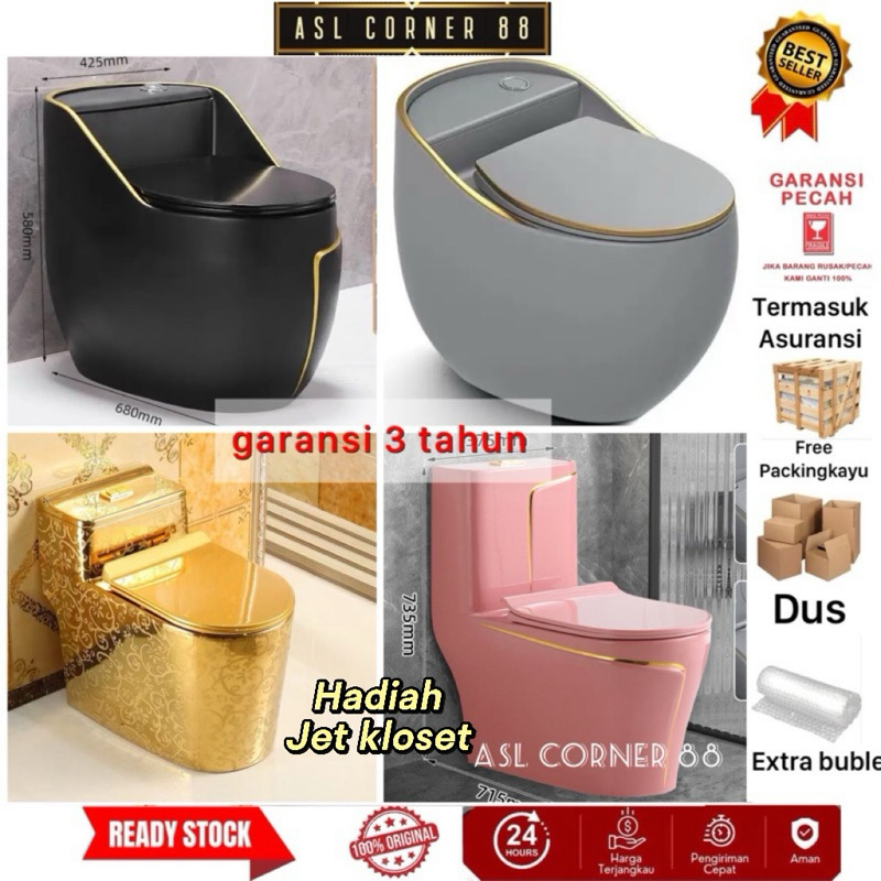 "HADIAH JET KLOSET" Kloset 1 Unit Tutup Slow / Kloset Duduk Hitam Emas / Kloset Duduk Emas Sultan