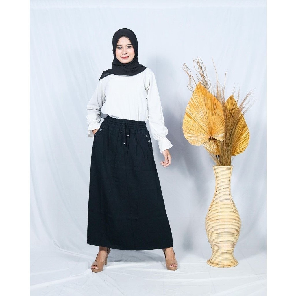 Rok Jeans Panjang Polosan Warna Hitam UK standar dan Jumbo  tali aktif || Rok Panjang Jeans UK stand