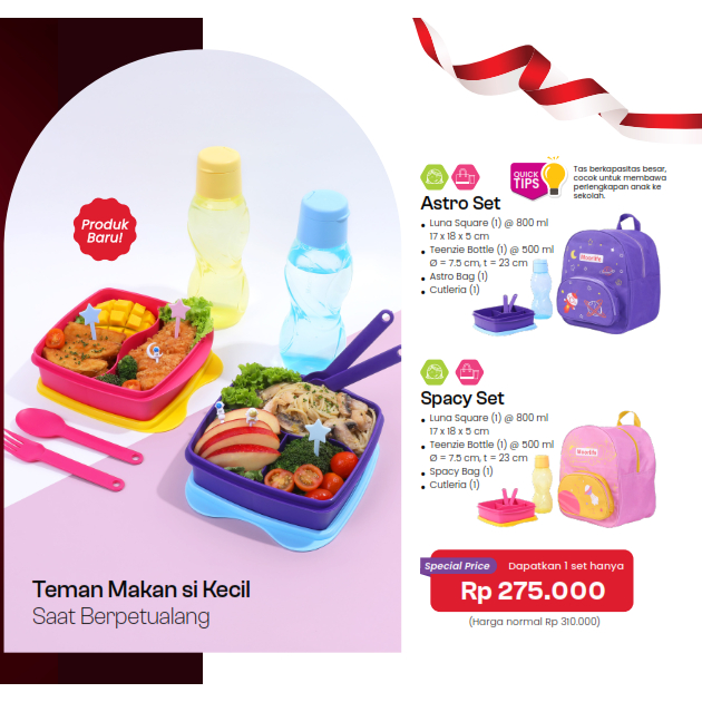 Lunch Box Kotak makan 3 sekat anak set gratis Tas, Sendok Garpu dan Botol minum Original Moorlife