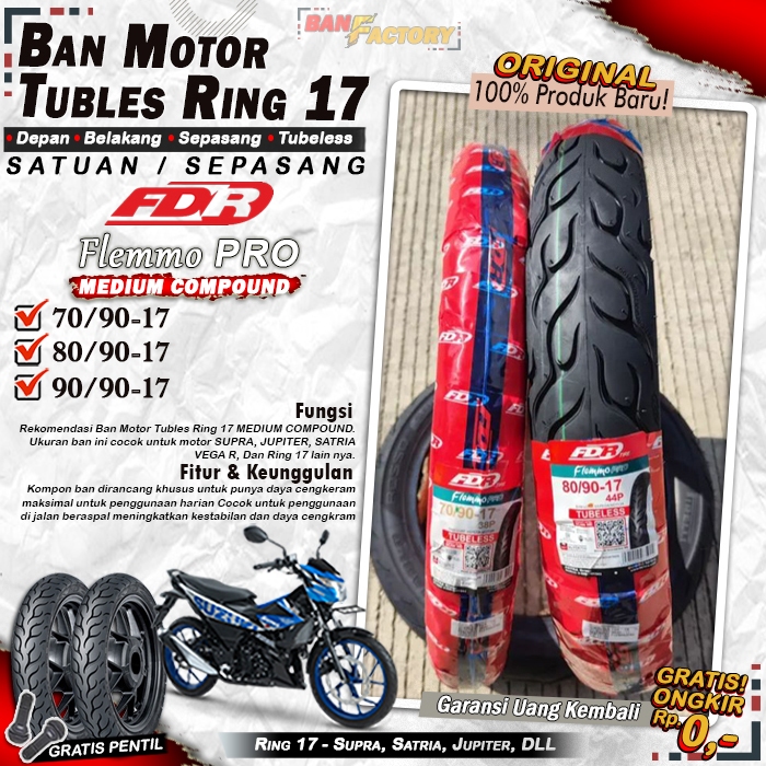 Ban Motor Bebek FDR FLEMMO PRO Ring 17 Tubeless Ban Tubles Depan Belakang Motor Ring 17 Tubles